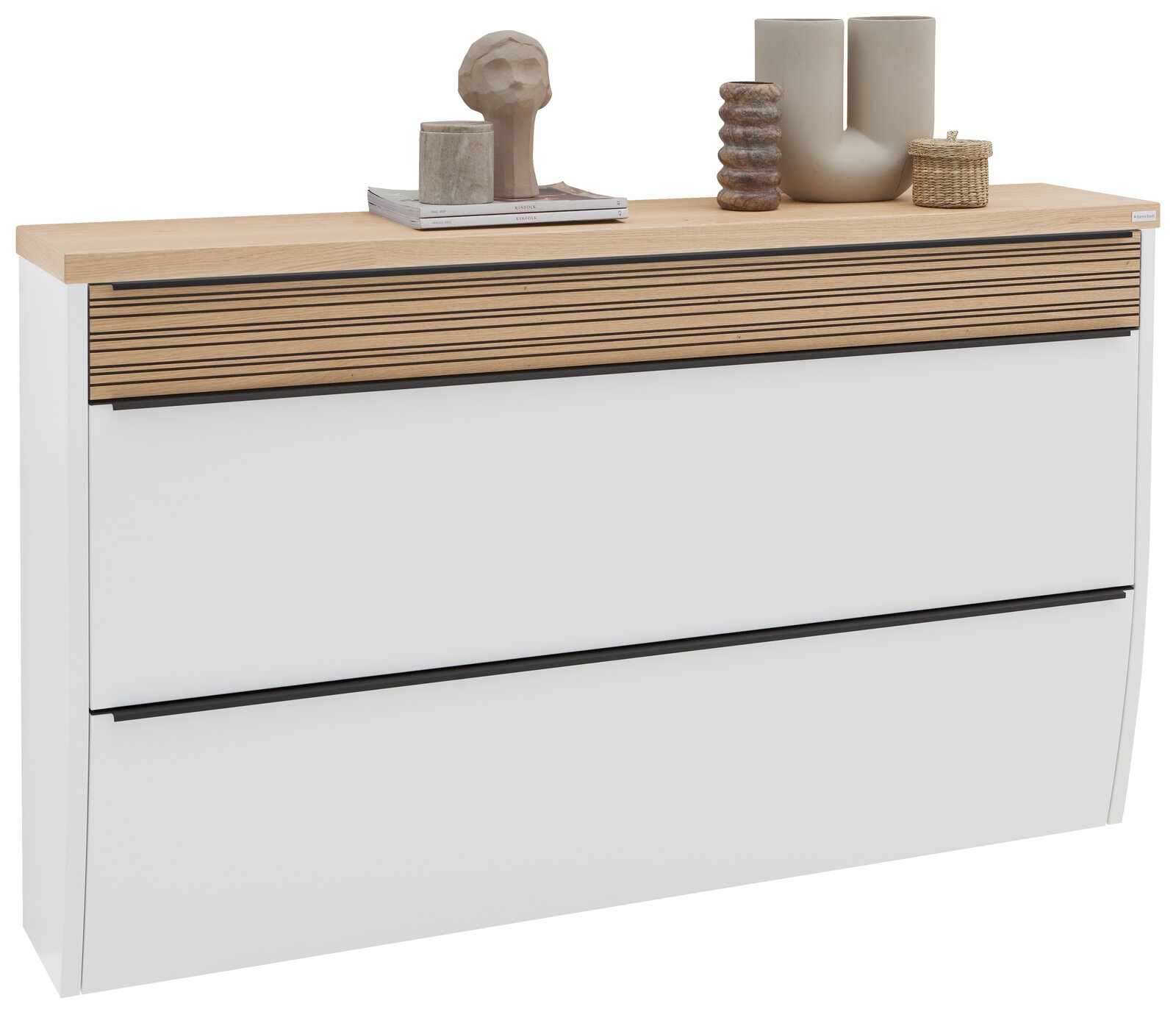 Dieter Knoll XXL-Hängeschuhschrank ARCO NOVA XXL-Hängeschuhschrank in Weiß mit Holzoberfläche, dekoriert mit modernen Vasen und Skulpturen, seitliche Perspektive