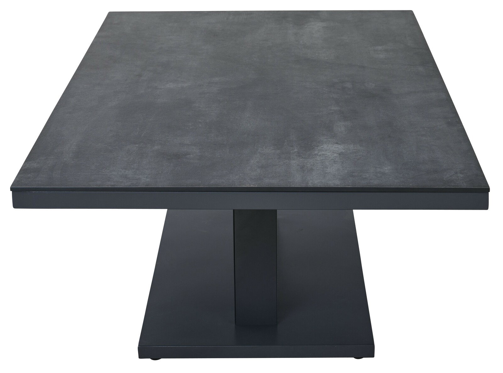 Moderner Garten E-Lifttisch aus dunklem Material, frontal betrachtet.