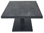 Moderner Garten E-Lifttisch aus dunklem Material, frontal betrachtet.