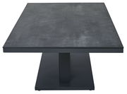 Moderner Garten E-Lifttisch aus dunklem Material, frontal betrachtet.