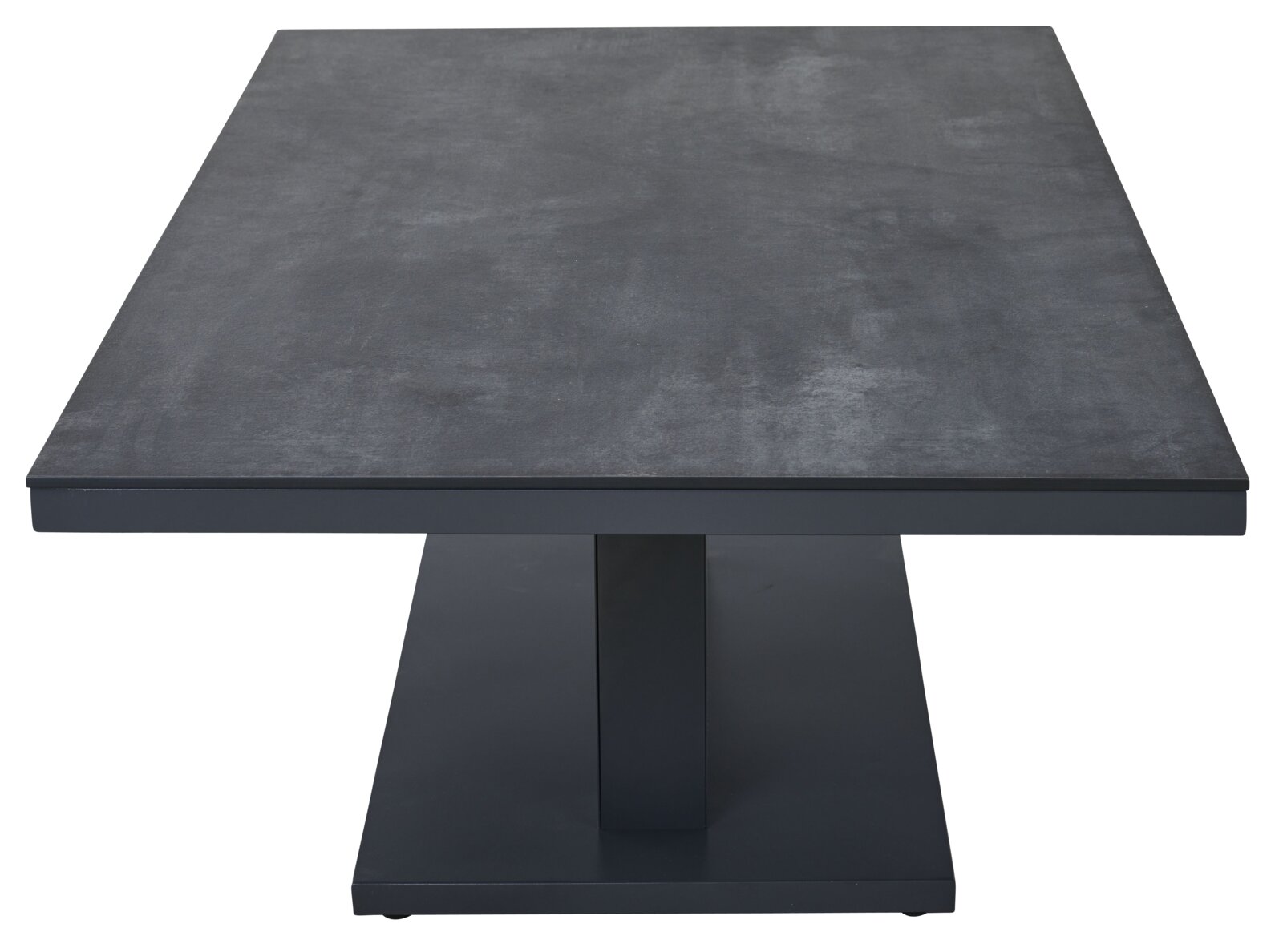 Moderne E-lifttafel voor in de tuin, gemaakt van donker materiaal, gezien vanaf de voorkant.