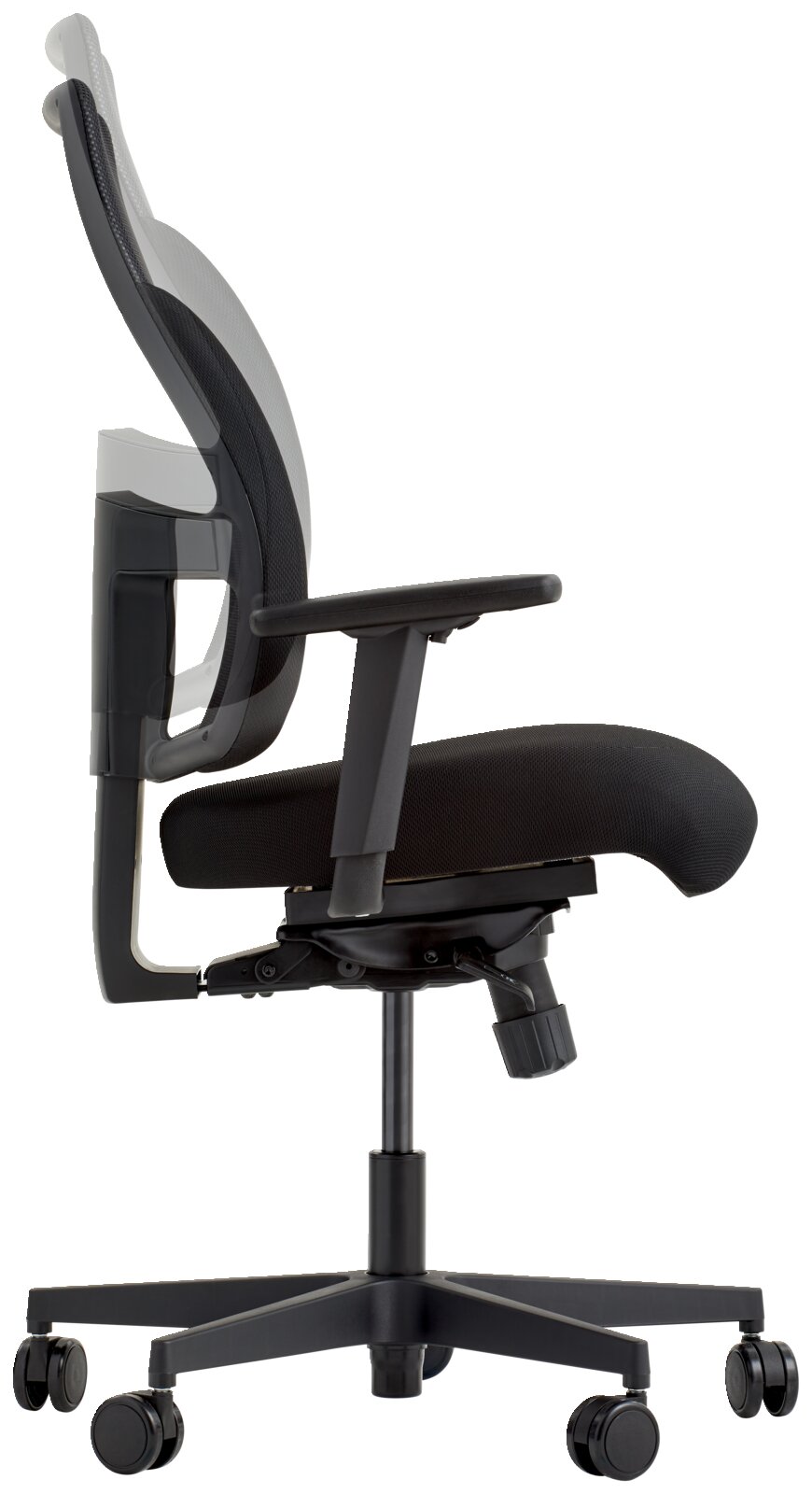 Seitliche Ansicht eines modernen Drehstuhls mit schwarzem Netzrücken und gepolstertem Sitz, verstellbaren Armlehnen und Rollen.