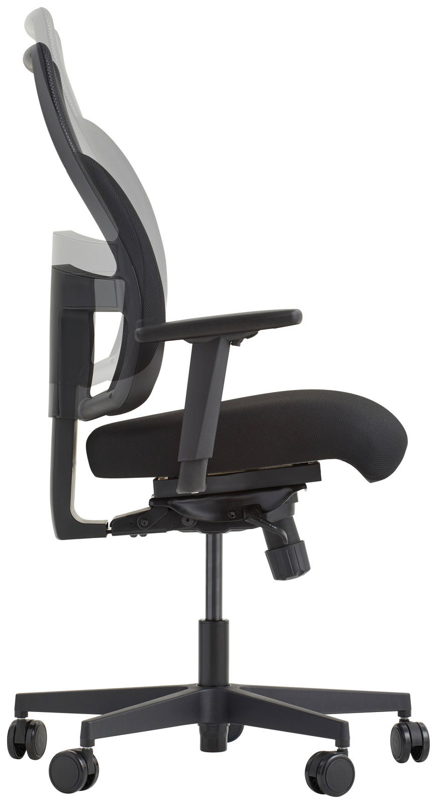 Seitliche Ansicht eines modernen Drehstuhls mit schwarzem Netzrücken und gepolstertem Sitz, verstellbaren Armlehnen und Rollen.