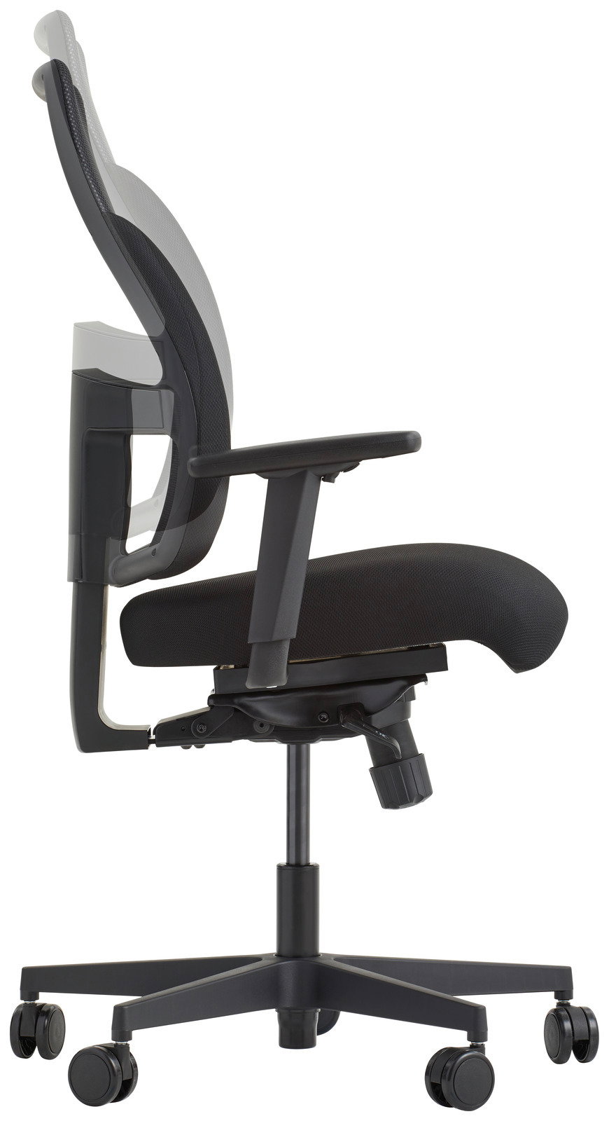 Seitliche Ansicht eines modernen Drehstuhls mit schwarzem Netzrücken und gepolstertem Sitz, verstellbaren Armlehnen und Rollen.