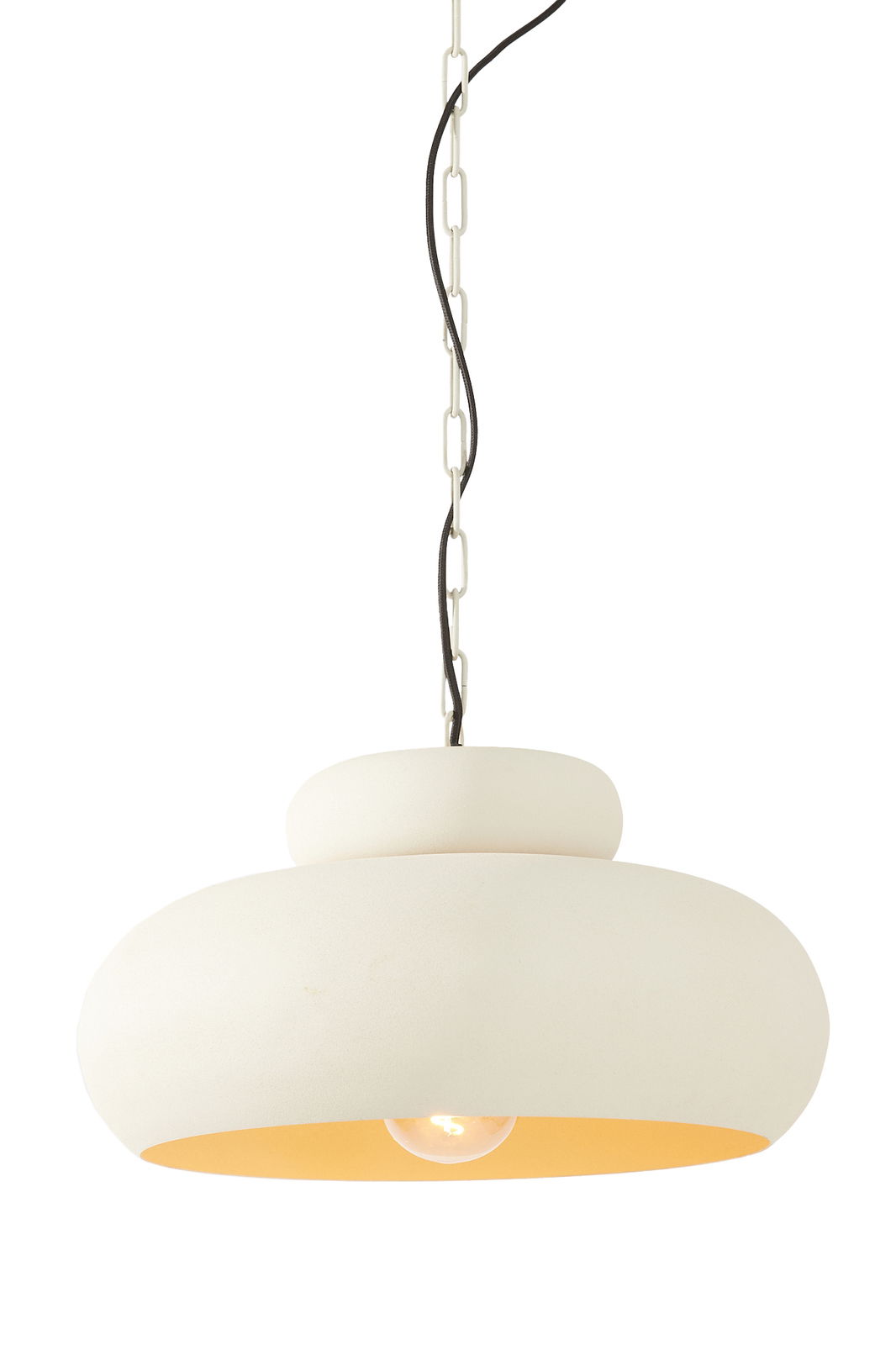 Light&Living Hanglamp NEIVA Hängeleuchte in cremeweißer Farbe mit runder Form, von unten fotografiert, mit sichtbarer Glühbirne und Kettenaufhängung.