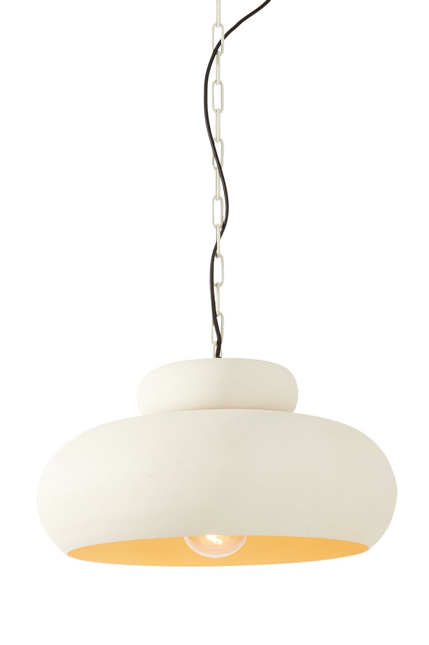 Light&Living Hängeleuchte NEIVA Hängeleuchte in cremeweißer Farbe mit runder Form, von unten fotografiert, mit sichtbarer Glühbirne und Kettenaufhängung.