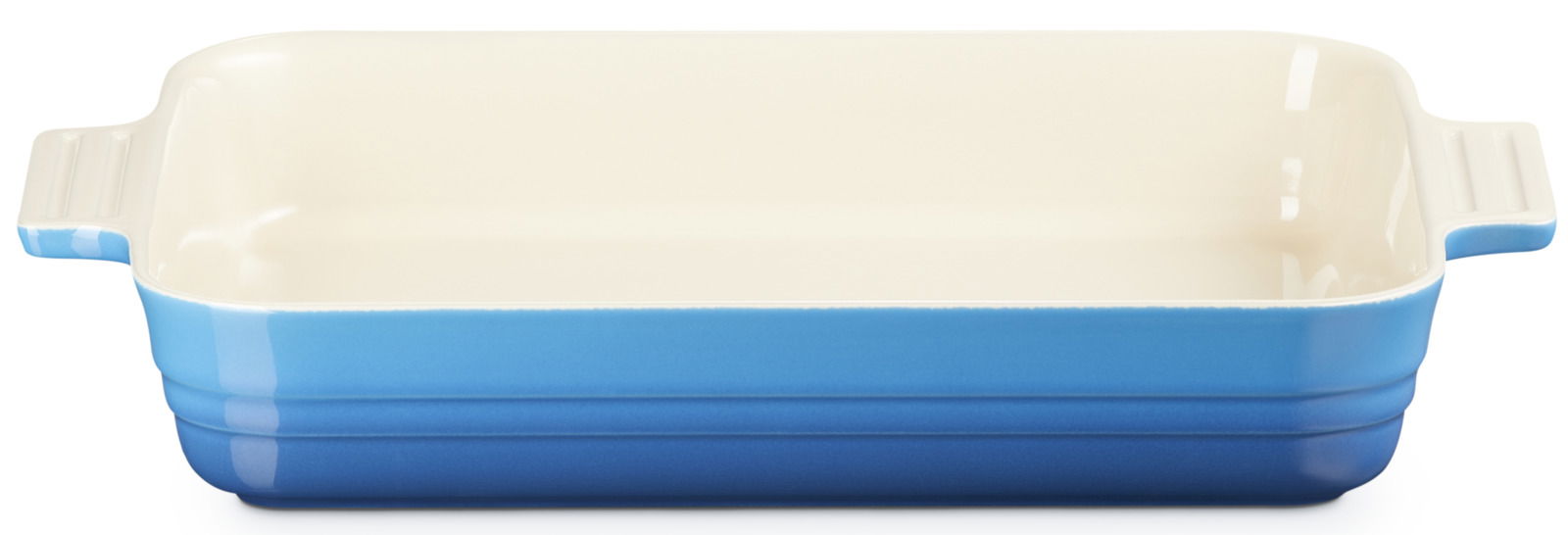 Rechteckige blaue Auflaufform mit Griffen, seitliche Perspektive