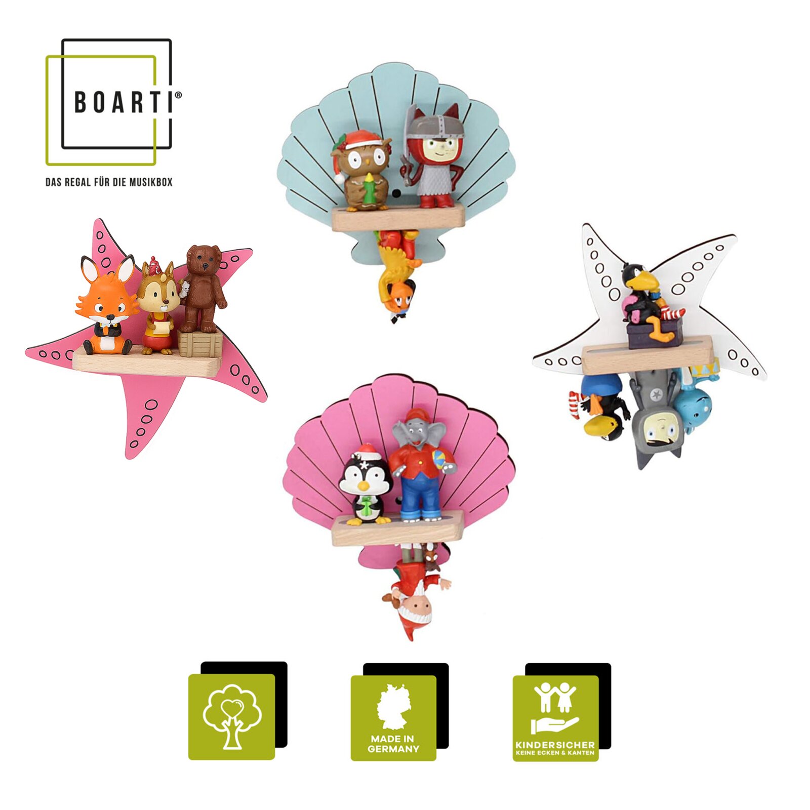 Produktabbildung in Frontansicht: BOARTI Regal für die Musikbox, dekorative Wandregale in Muschel- und Seesternform in Pastellfarben mit kleinen Tier- und Figurenmotiven, Made in Germany, kindersicher ohne scharfe Kanten