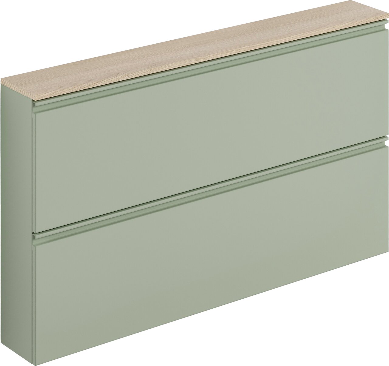 Voleo Hängeschuhschrank MILTON Hängeschuhschrank in hellem Grün mit Holzoberfläche, seitliche Perspektive