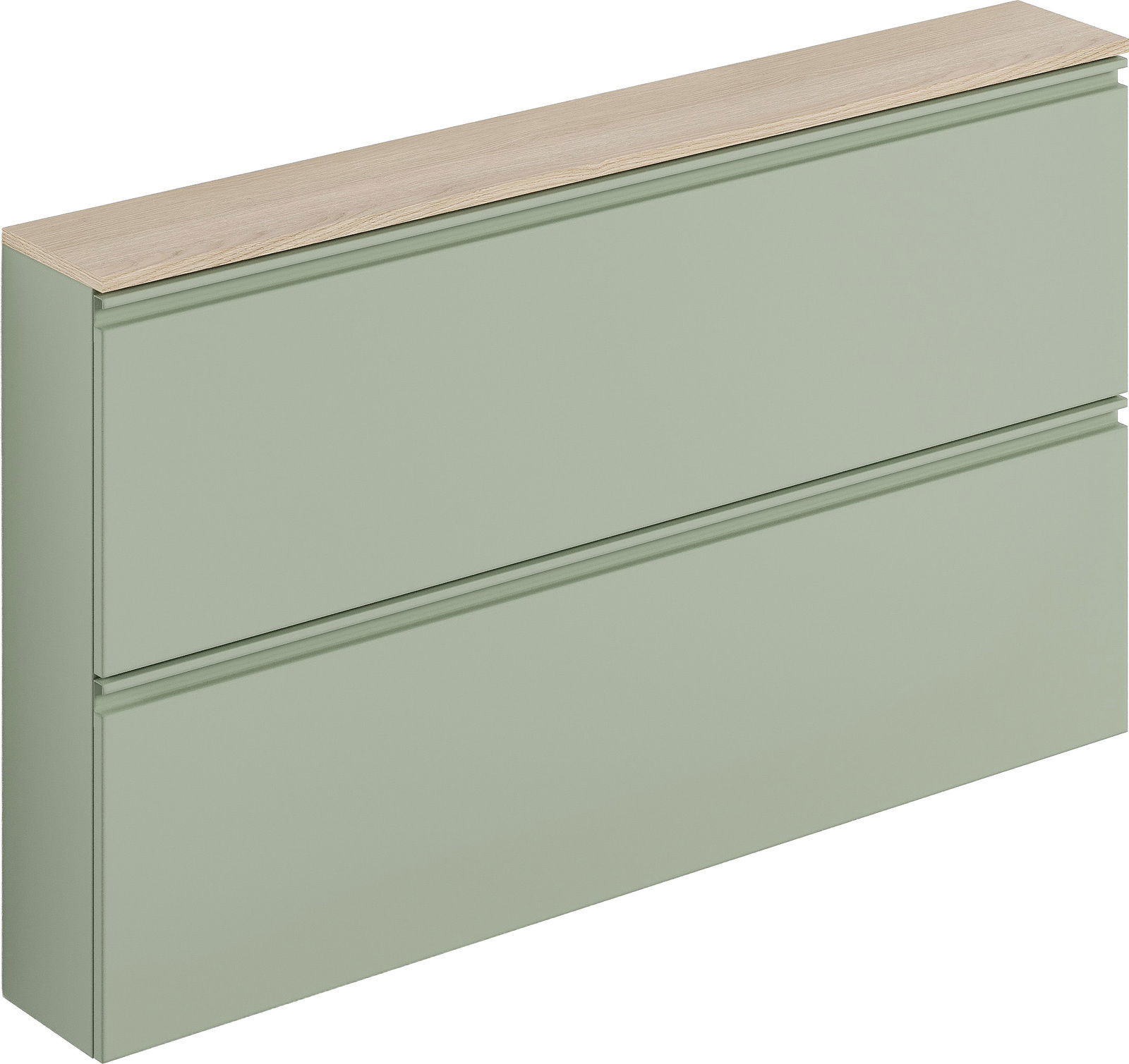 Hängeschuhschrank in hellem Grün mit Holzoberfläche, seitliche Perspektive