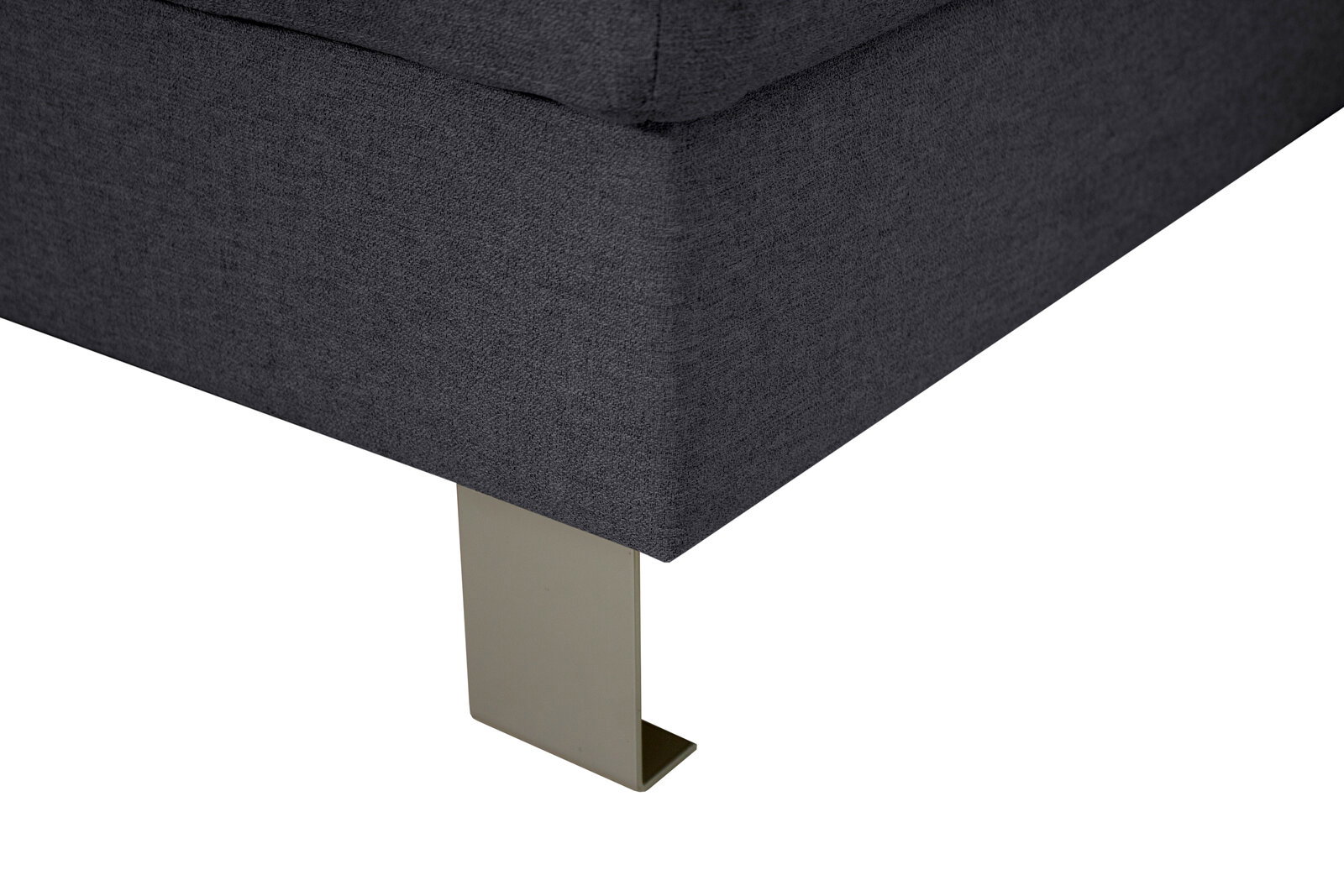 Nahaufnahme einer grauen Rundecke mit Metallfuß, seitliche Perspektive