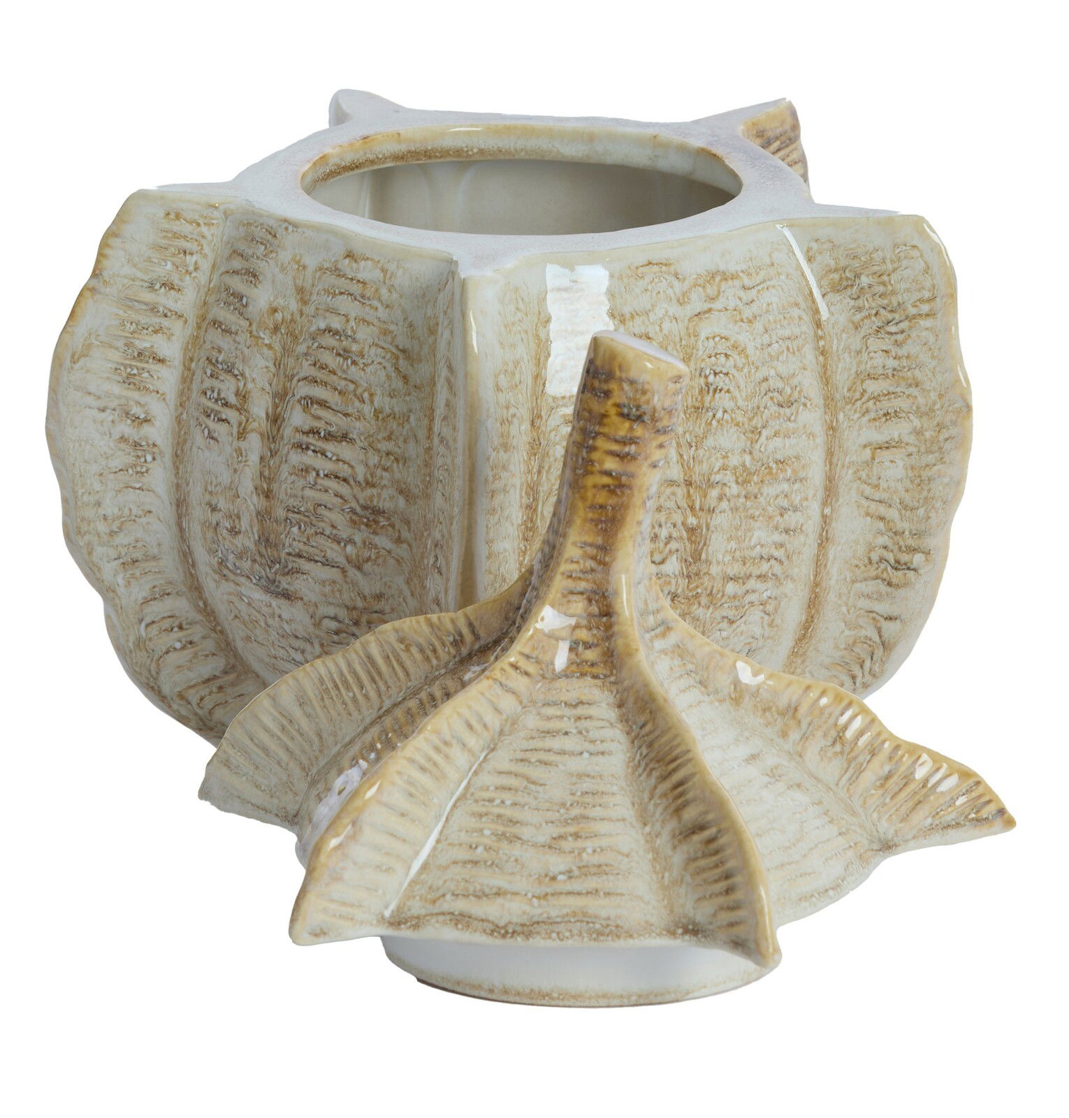 Keramik-Deko-Box in Form eines Kürbisses mit abnehmbarem Deckel, seitliche Perspektive