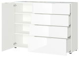 Weißes Sideboard mit vier offenen Schubladen und einer geöffneten Tür, seitliche Perspektive