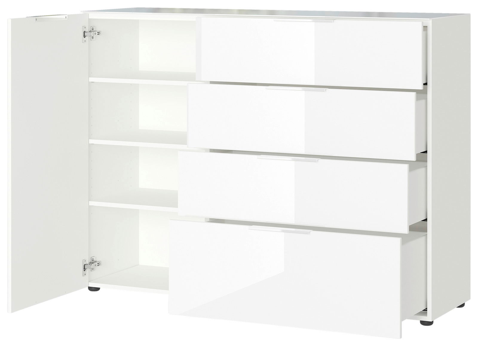 Weißes Sideboard mit vier offenen Schubladen und einer geöffneten Tür, seitliche Perspektive