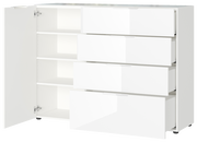 Weißes Sideboard mit vier offenen Schubladen und einer geöffneten Tür, seitliche Perspektive