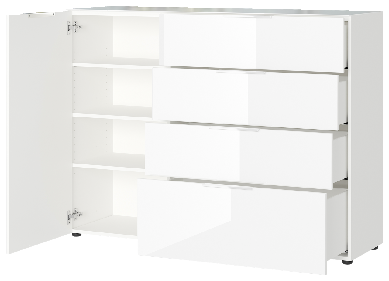 Weißes Sideboard mit vier offenen Schubladen und einer geöffneten Tür, seitliche Perspektive