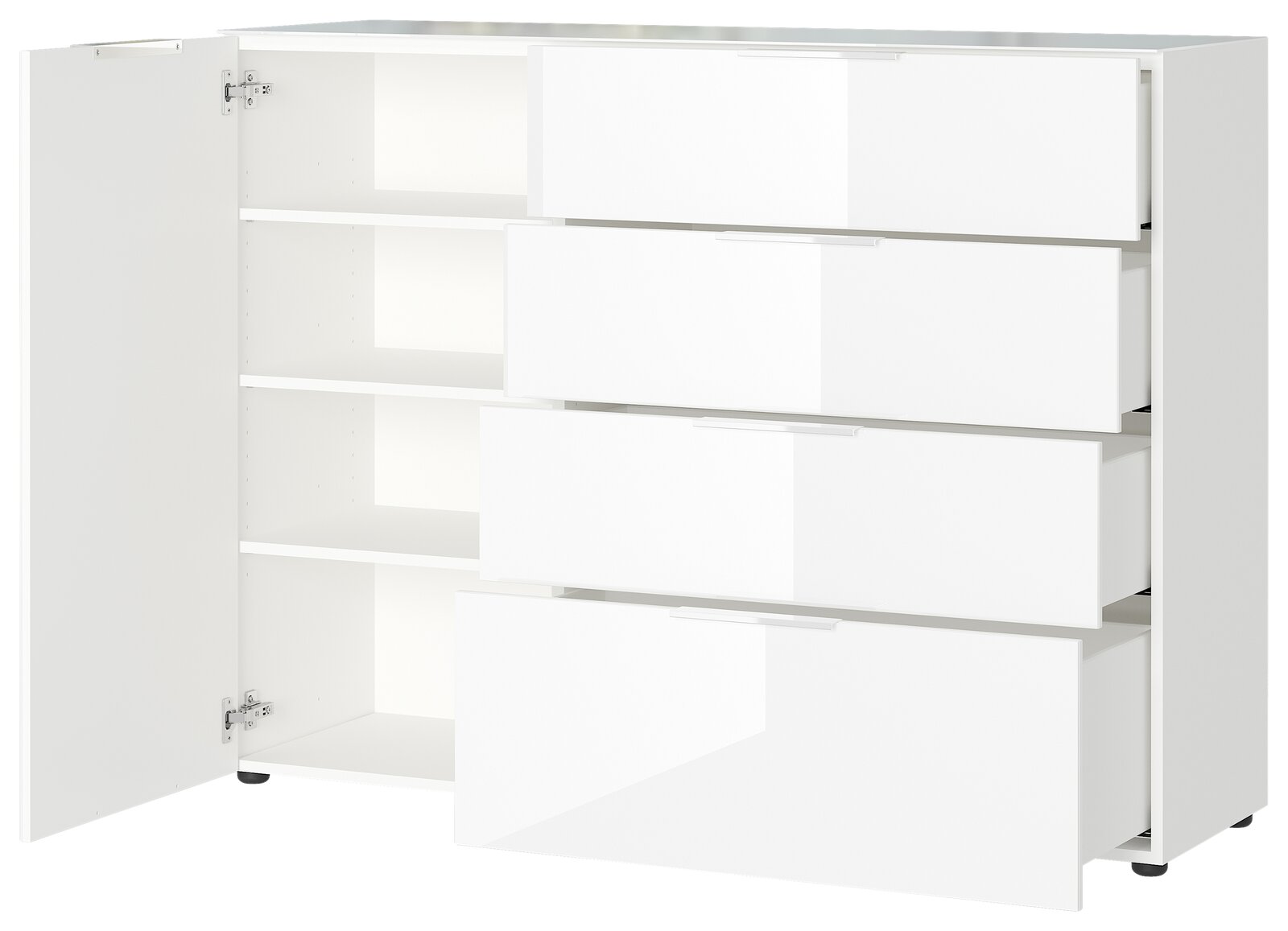 Weißes Sideboard mit vier offenen Schubladen und einer geöffneten Tür, seitliche Perspektive