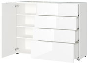 Weißes Sideboard mit vier offenen Schubladen und einer geöffneten Tür, seitliche Perspektive