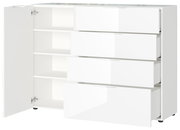 Weißes Sideboard mit vier offenen Schubladen und einer geöffneten Tür, seitliche Perspektive