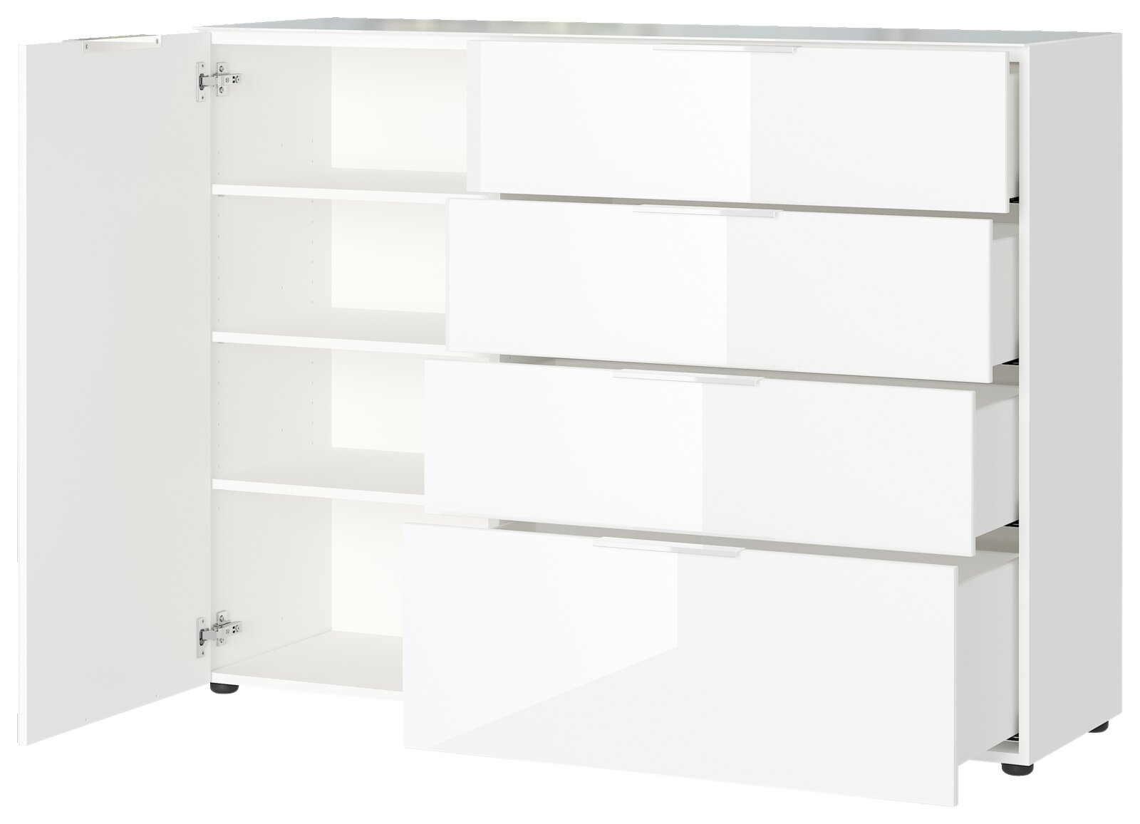 Weißes Sideboard mit vier offenen Schubladen und einer geöffneten Tür, seitliche Perspektive