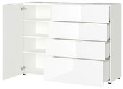Weißes Sideboard mit vier offenen Schubladen und einer geöffneten Tür, seitliche Perspektive