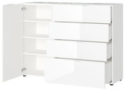 Weißes Sideboard mit vier offenen Schubladen und einer geöffneten Tür, seitliche Perspektive