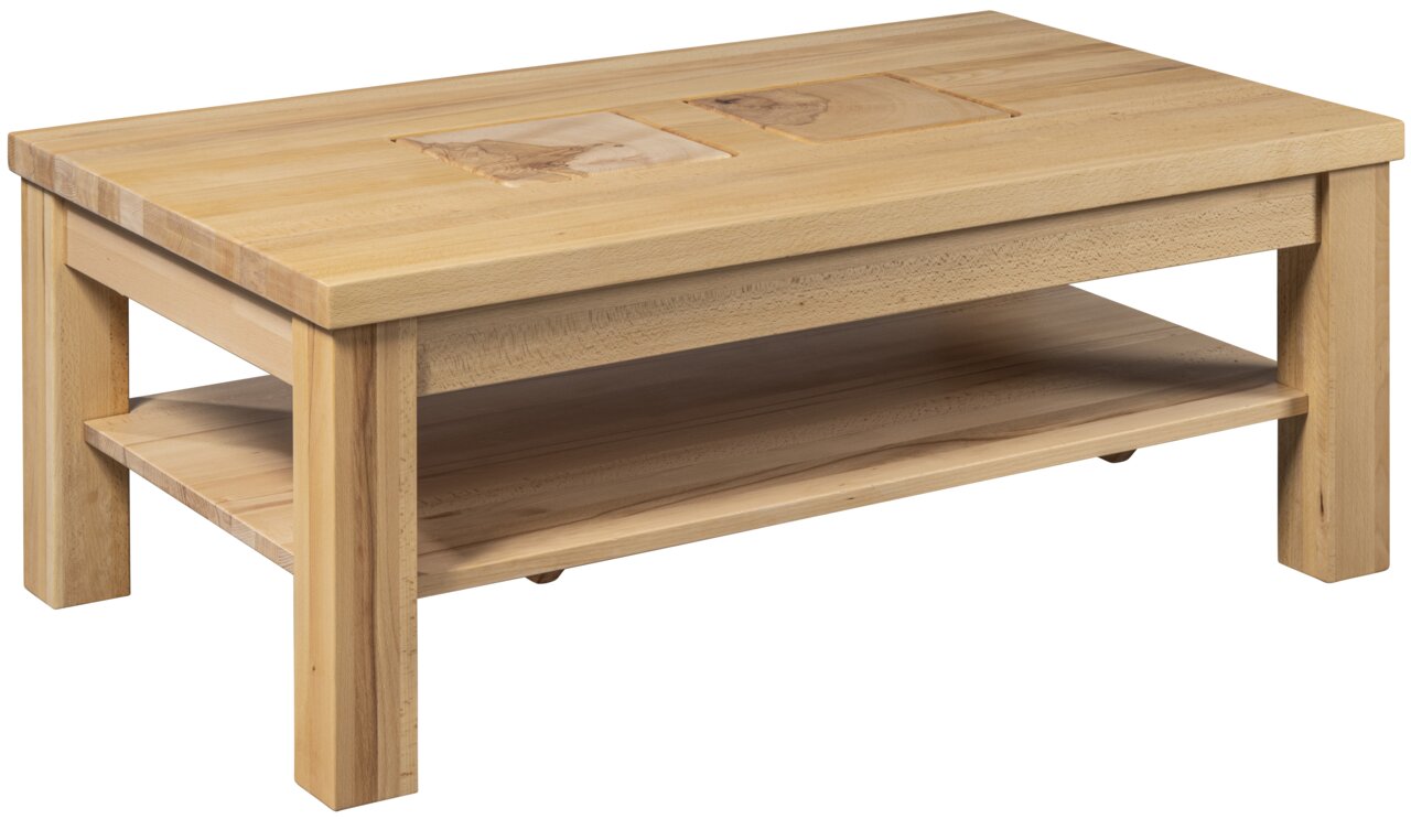 Holz-Couchtisch mit rechteckiger Form, zwei dekorativen Intarsien auf der Tischplatte und zusätzlicher Ablagefläche darunter, seitliche Perspektive