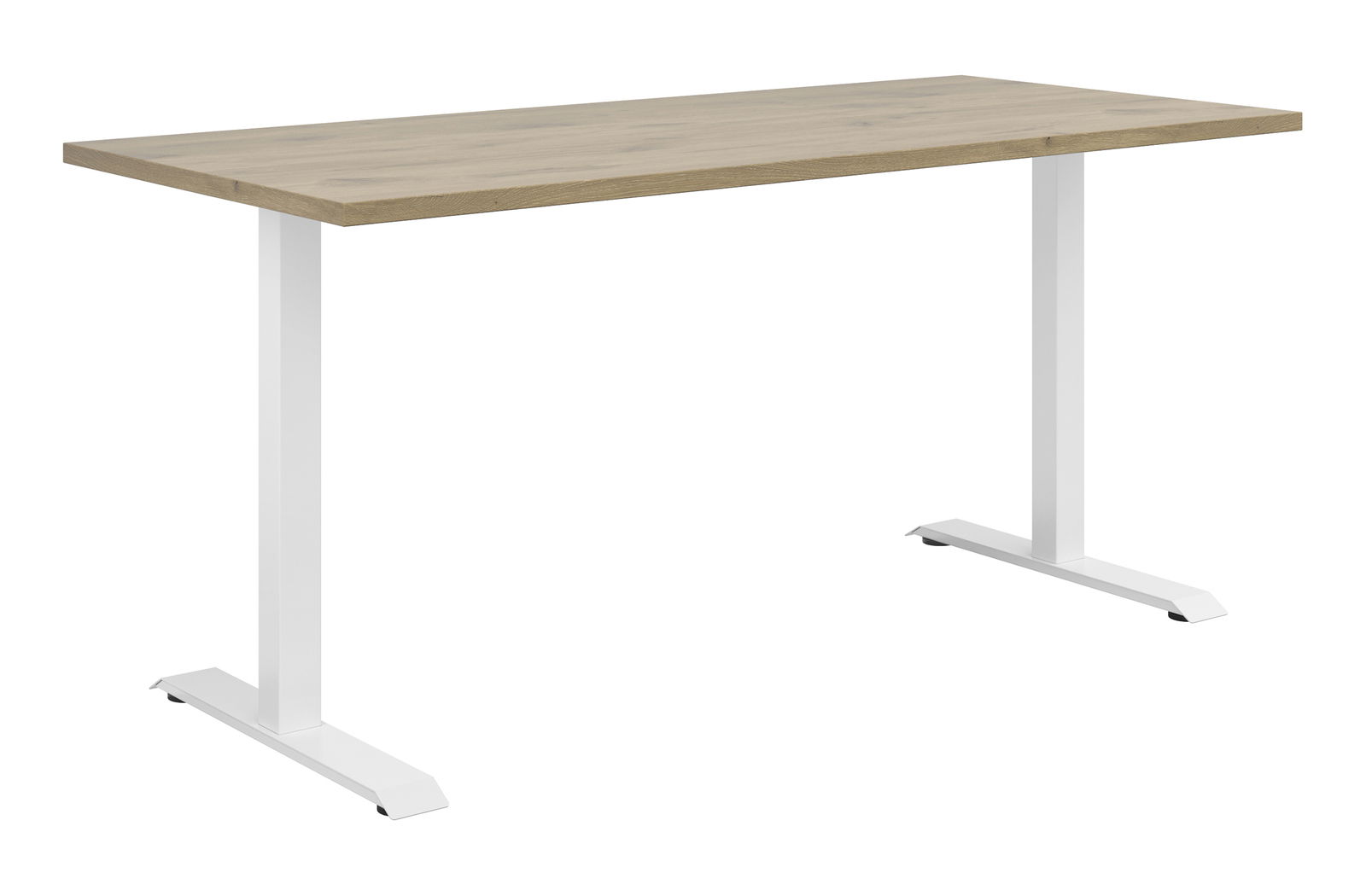 Moderner Schreibtisch mit Holzplatte und weißen Metallbeinen, seitliche Perspektive