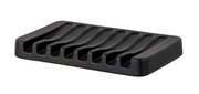 Schwarze Keramik Seifenablage Soliera mit gerilltem Design, seitliche Perspektive