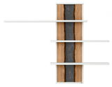 Hängepaneel mit drei weißen Regalböden und einer Rückwand aus Holz und dunklem Stein, Frontalansicht