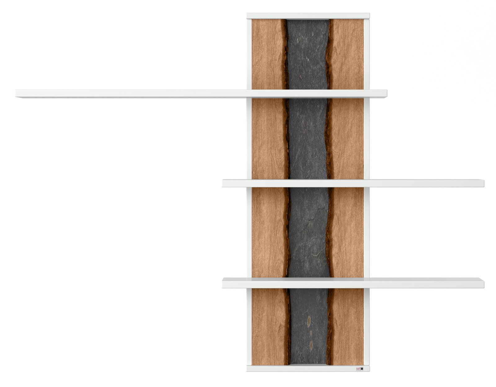 Hängepaneel mit drei weißen Regalböden und einer Rückwand aus Holz und dunklem Stein, Frontalansicht