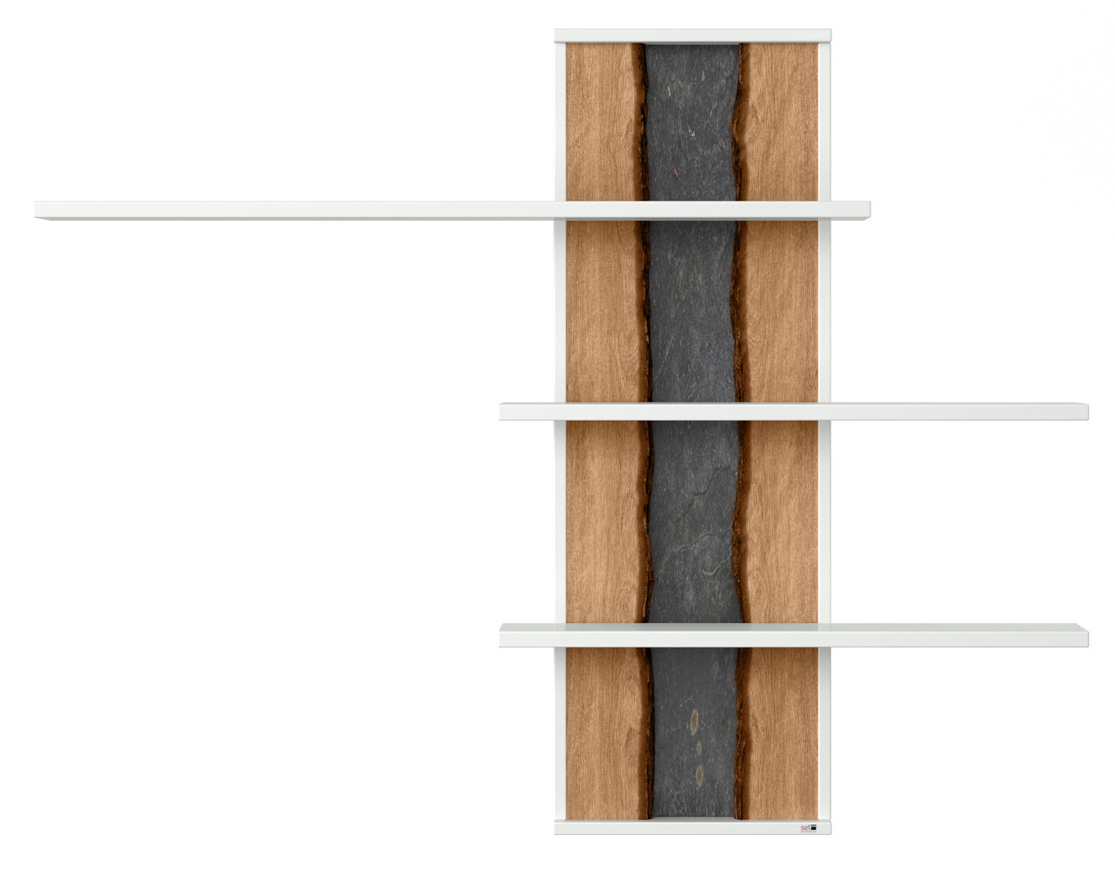 Hängepaneel mit drei weißen Regalböden und einer Rückwand aus Holz und dunklem Stein, Frontalansicht