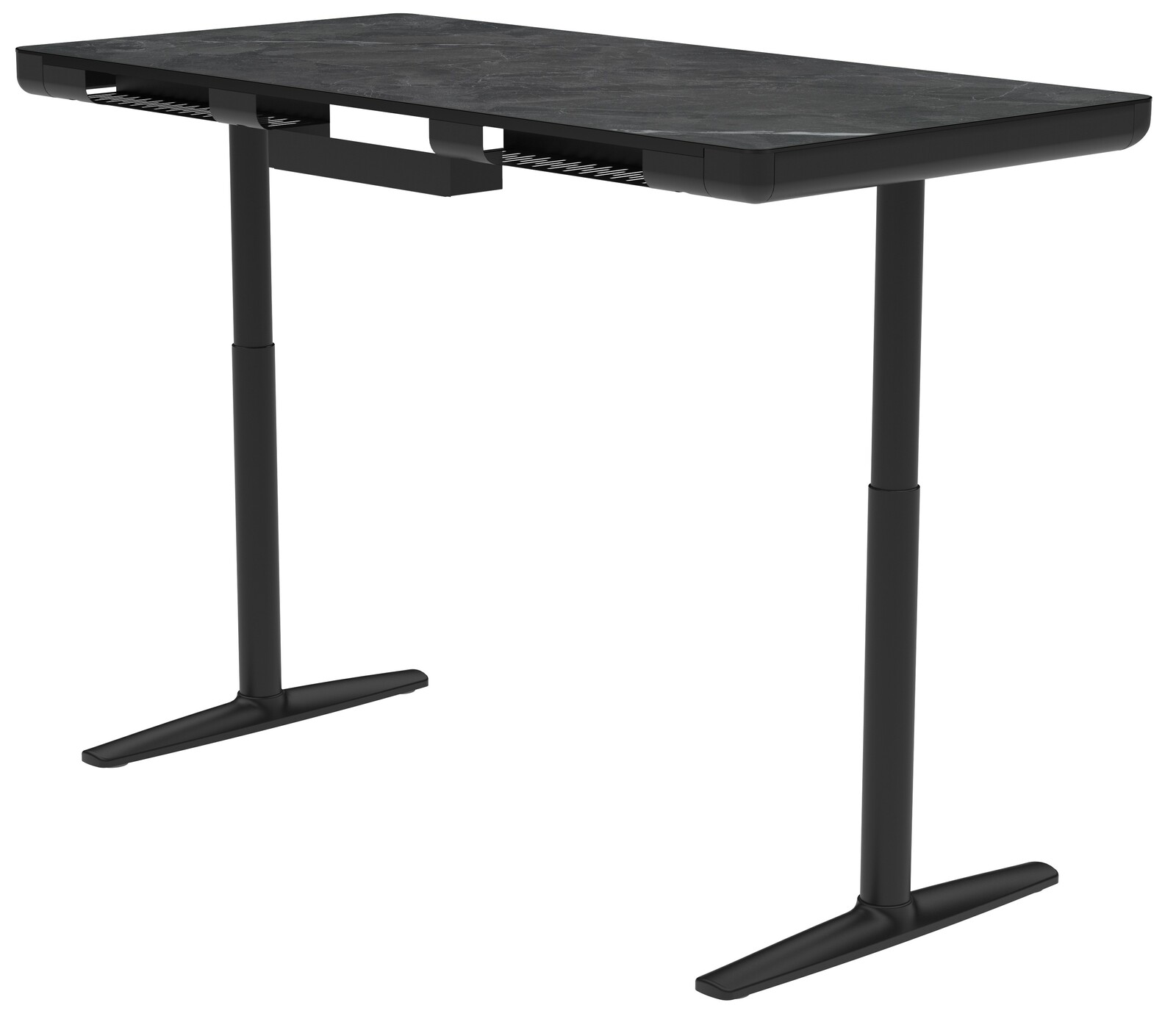 Moderner schwarzer E-Schreibtisch mit höhenverstellbaren Beinen, seitliche Perspektive