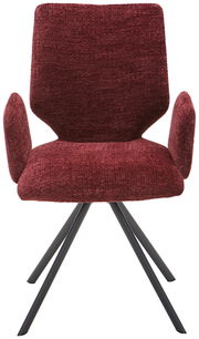 Moderner Armlehnstuhl in Bordeauxrot mit schwarzem Metallgestell, Frontalansicht