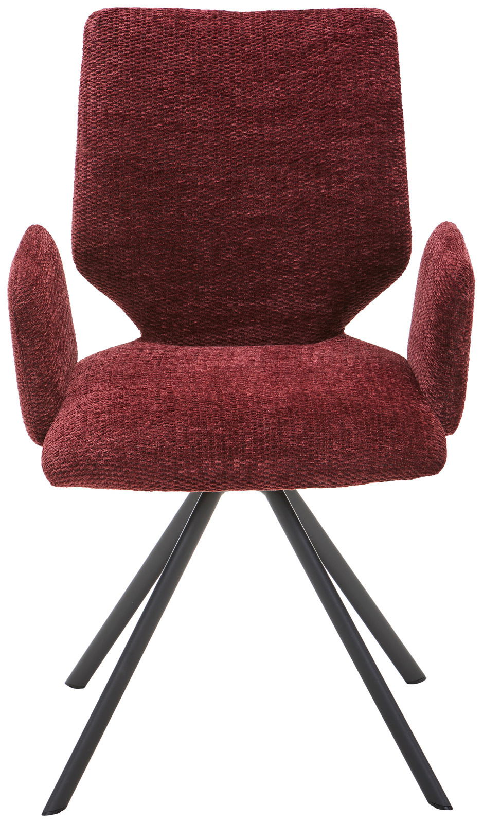 Moderner Armlehnstuhl in Bordeauxrot mit schwarzem Metallgestell, Frontalansicht