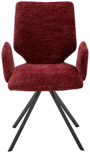Moderner Armlehnstuhl in Bordeauxrot mit schwarzem Metallgestell, Frontalansicht