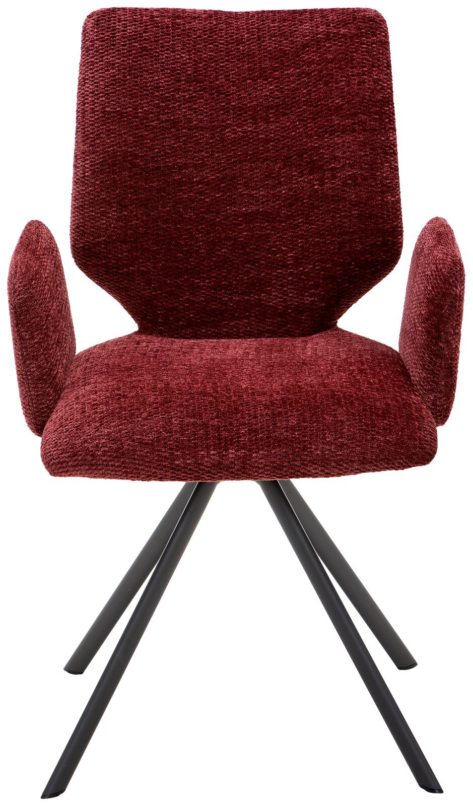 Moderner Armlehnstuhl in Bordeauxrot mit schwarzem Metallgestell, Frontalansicht