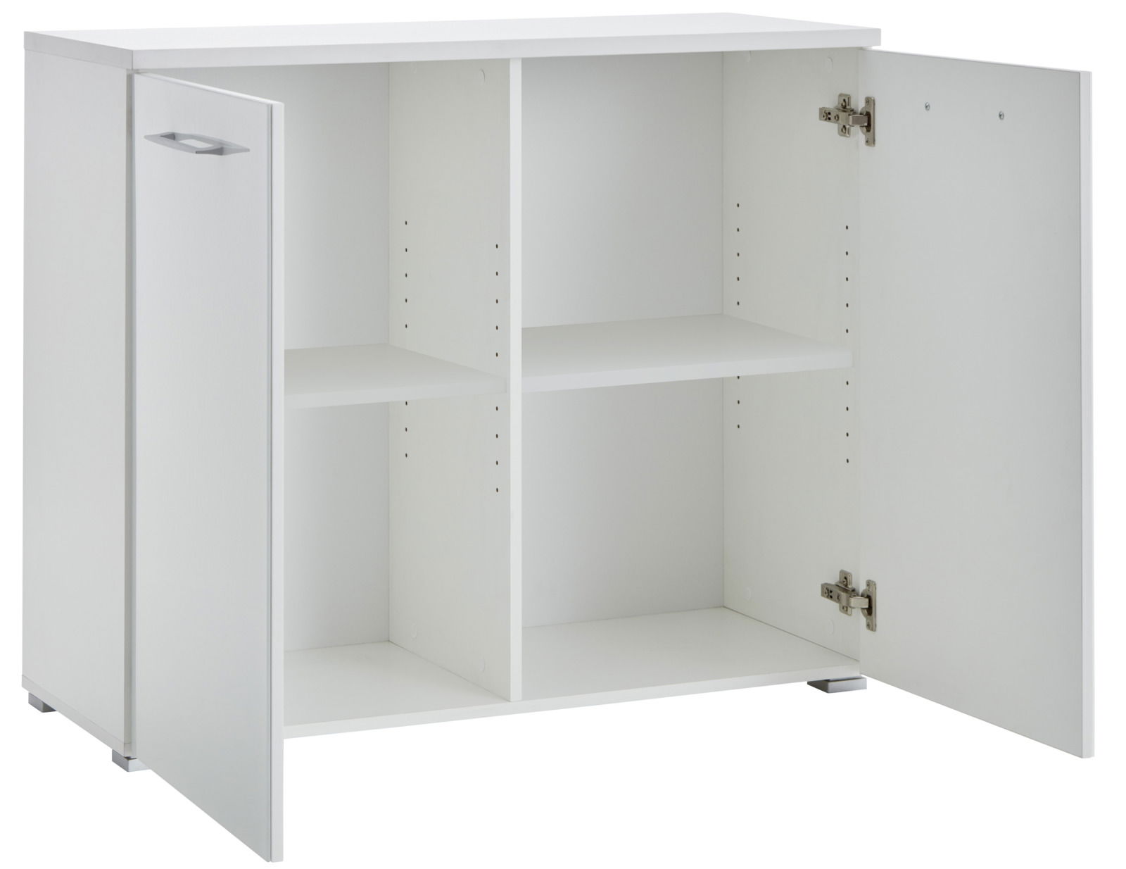 Weißes Sideboard mit zwei offenen Türen, zeigt Innenfächer, seitliche Perspektive