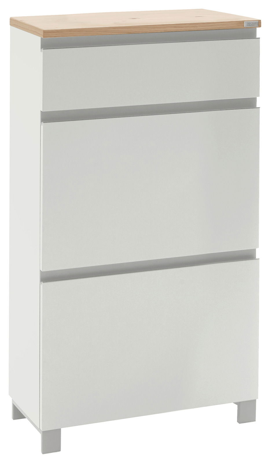 Moderner weißer Schuhschrank mit drei Schubladen und einer Holzoberfläche, seitliche Perspektive