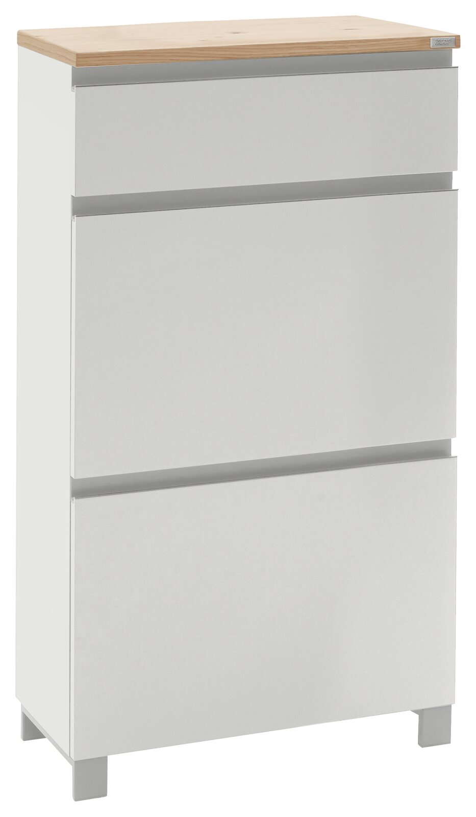 Moderner weißer Schuhschrank mit drei Schubladen und einer Holzoberfläche, seitliche Perspektive