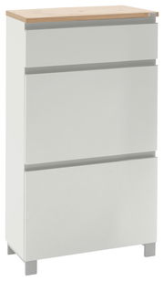 Moderner weißer Schuhschrank mit drei Schubladen und einer Holzoberfläche, seitliche Perspektive