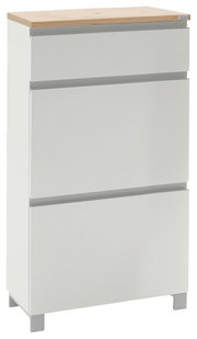 Moderner weißer Schuhschrank mit drei Schubladen und einer Holzoberfläche, seitliche Perspektive