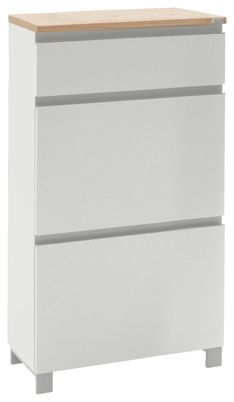 Moderner weißer Schuhschrank mit drei Schubladen und einer Holzoberfläche, seitliche Perspektive
