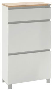 Moderner weißer Schuhschrank mit drei Schubladen und einer Holzoberfläche, seitliche Perspektive