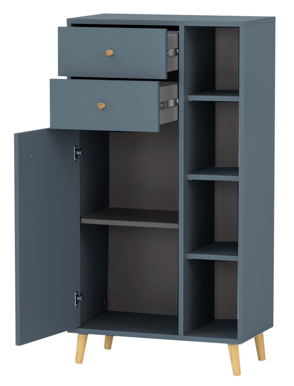 Hohes Highboard in dunklem Blau mit zwei offenen Schubladen und einer geöffneten Tür, die mehrere Regalfächer zeigt. Perspektive von vorne.