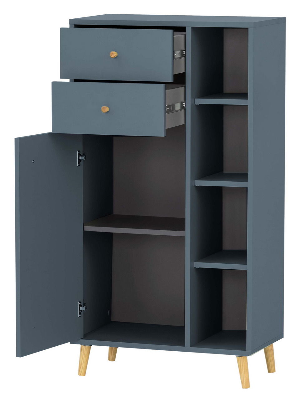 Hohes Highboard in dunklem Blau mit zwei offenen Schubladen und einer geöffneten Tür, die mehrere Regalfächer zeigt. Perspektive von vorne.