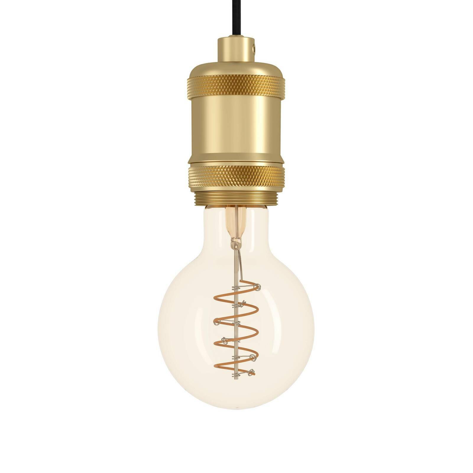 Goldene Pendelleuchte YORTH mit sichtbarem Glühfaden, frontal betrachtet.