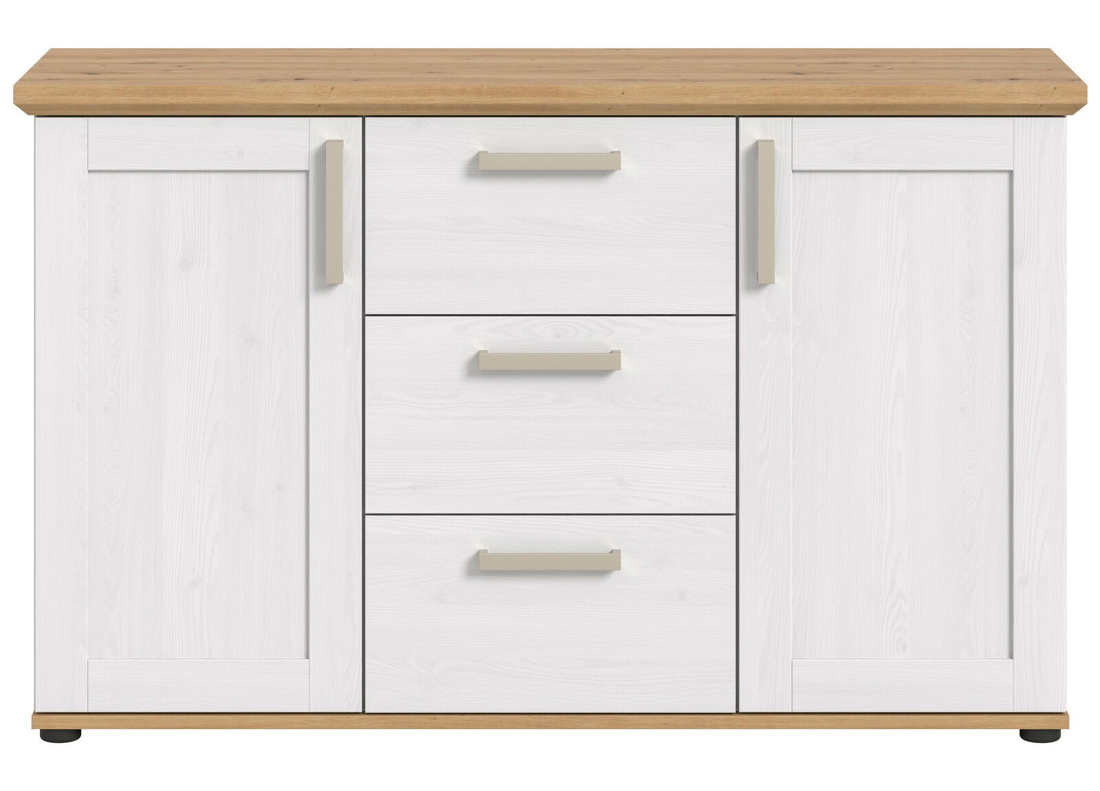 Weißes Sideboard mit drei Schubladen und zwei Türen, Holzoberfläche, Frontalansicht