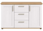 Weißes Sideboard mit drei Schubladen und zwei Türen, Holzoberfläche, Frontalansicht