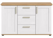 Weißes Sideboard mit drei Schubladen und zwei Türen, Holzoberfläche, Frontalansicht